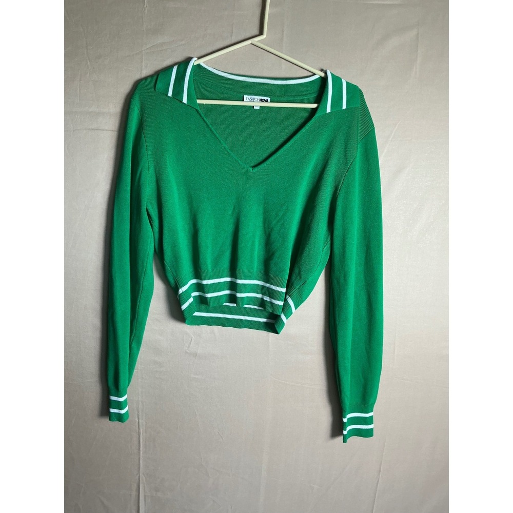Fashion Nova Green Cropped V-Neck Knit Sweater White Striped Trim Womens XL